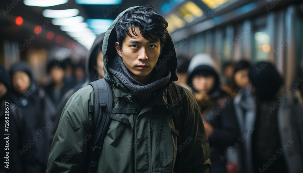 Young adults commuting in crowded subway station, city life rush generated by AI Young adults commuting in crowded subway station, city life rush generated by AI
