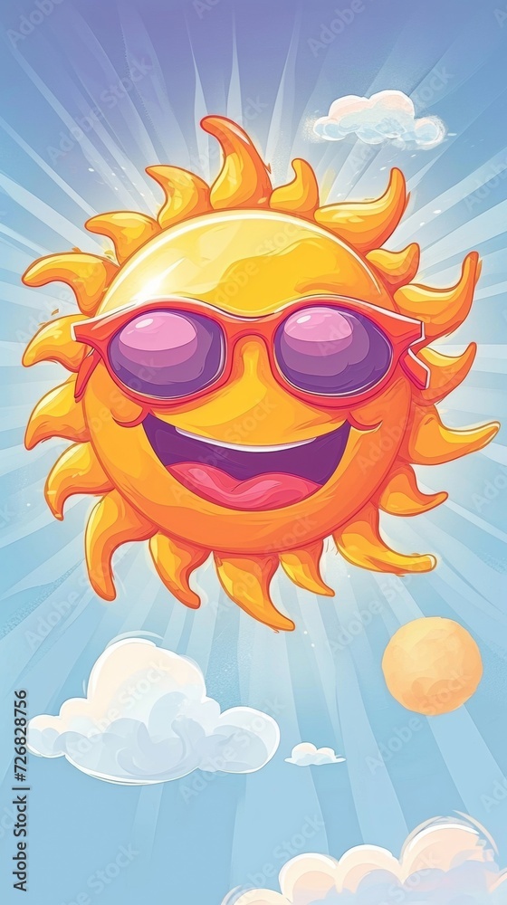 Cartoon Sun With Sunglasses and Clouds in the Background Cartoon Sun With Sunglasses and Clouds in the Background