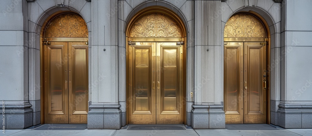 Brass doors, curved and closed, at a bank entrance.