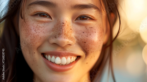 そばかす、完璧な肌と笑顔の日本人女性GenerativeAI photo