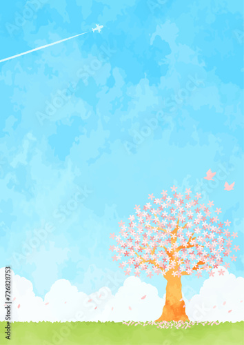 桜の木と青空の背景イラスト