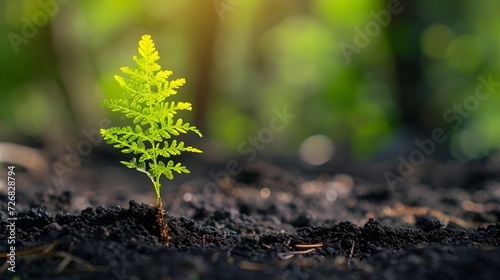 a close-up macro photo of a young green tree plant sprout or fern growing up from the black soil in the forest. Growth new life concept