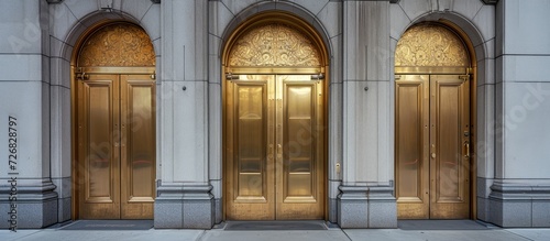 Brass doors, curved and closed, at a bank entrance.