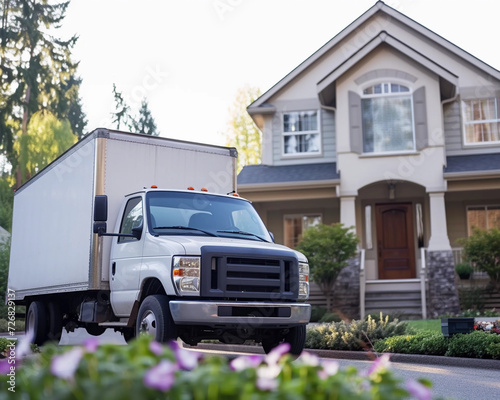 moving truck on left side in front of a large home generated by AI photo