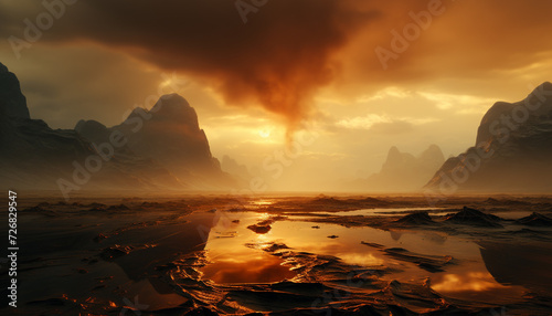 Tranquil mountain peak reflects sunset on water, creating natural beauty generated by AI