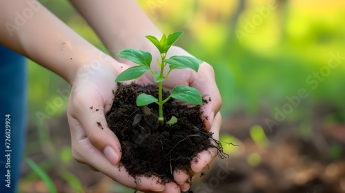 Close up photo of woman hand holding young plant with soil