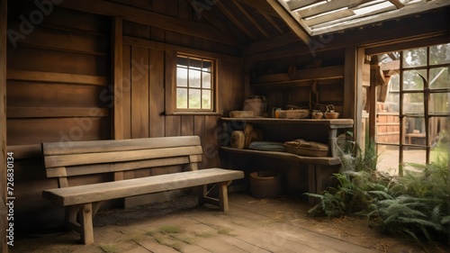 Rustic, natural light, wide-angle shot of a weathered open faced shed with a worn wooden bench,