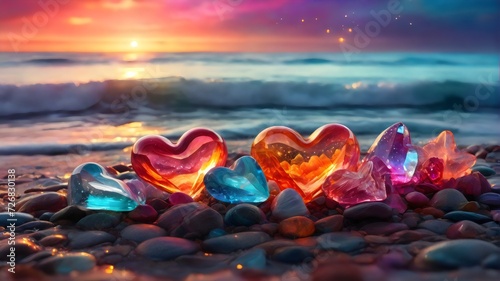 sunset on the beach heart shape transparent rainbow colorful and shiny quartz jems