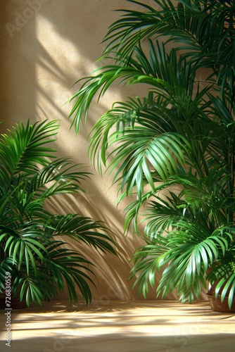 Fresh green plants on a bright sunny wall