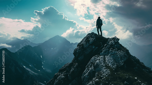 Silhouette of a man with a backpack standing on a mountain top. © Rama