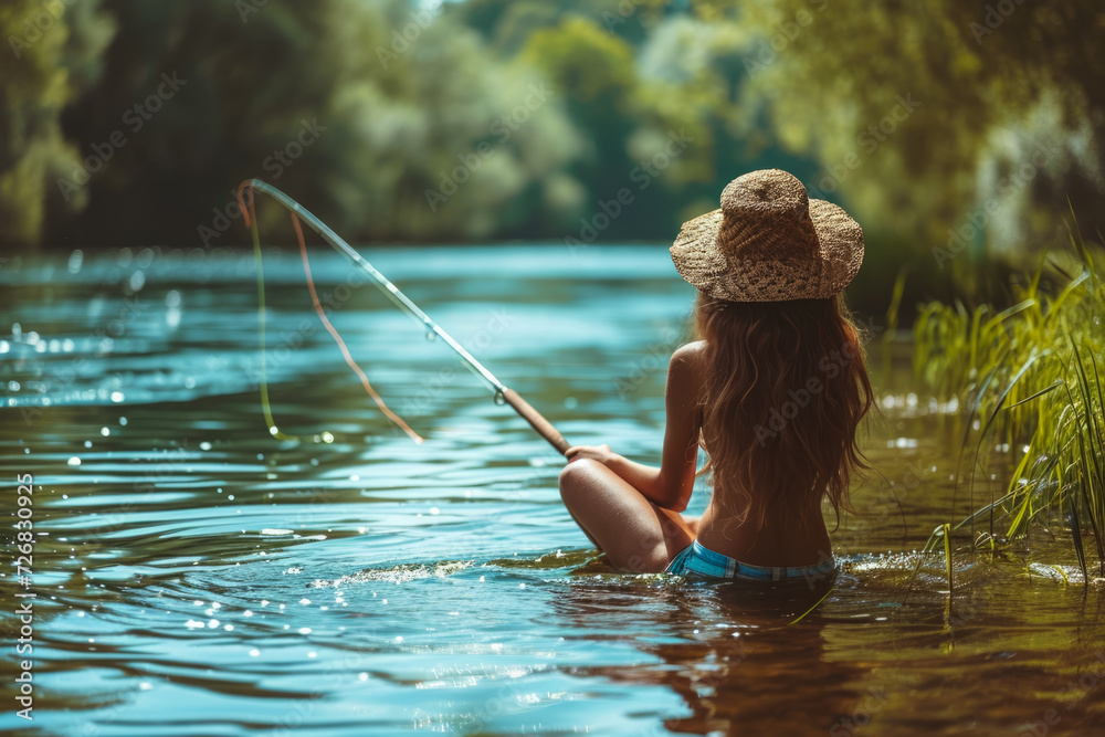 model fishing in a lake with a rod and a hat in a leisure time model fishing in a lake with a rod and a hat in a leisure time
