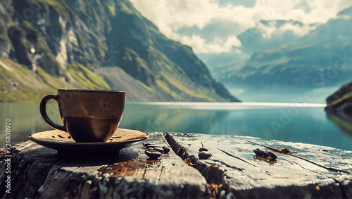 Coffee cup on wooden table in front of mountain lake. photo