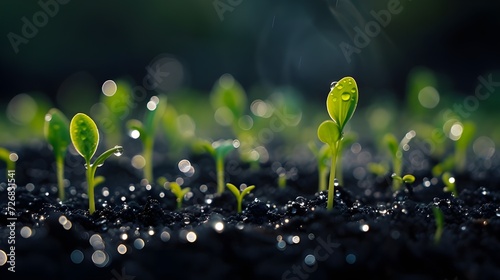 Closeup macro shot of a field being fumigated, morning dew on tiny sprouting shoots, still-life nature photography.