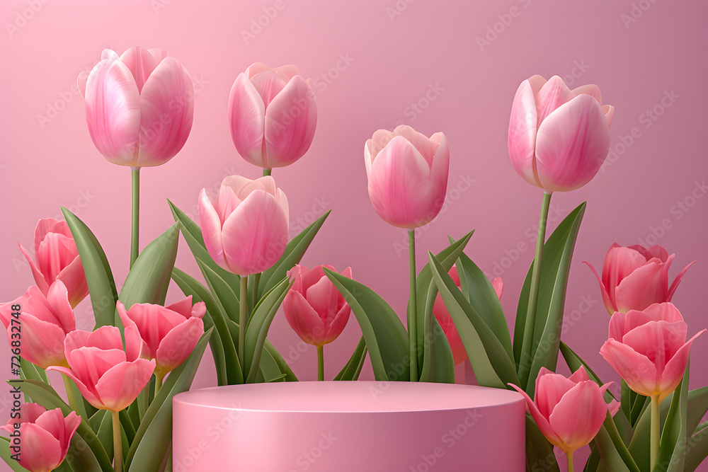 Fototapeta premium Illustration of a pink podium with tulips, a perfect concept for Mother's Day or women's events.