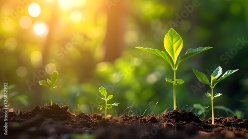 Young plants growing from the ground, Planting young plant seeds in the morning with nature background
