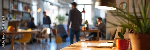 Vibrant Office Scene: Spacious Business Environment with Professionals in Casual Wear. Skillful Depth of Field and Bokeh Background Infuse Energy into the Modern Workspace. Generative AI