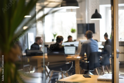 Casual Professionalism: Well-Lit Business Office with a Spacious Feel, Professionals in Casual Attire. Subtle Bokeh Background Adds a Contemporary Flair. Generative AI