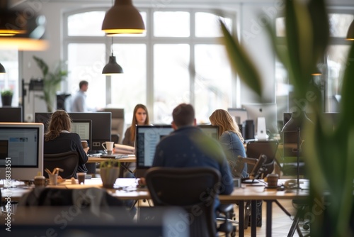 Modern Workplace Vibe: Bright and Airy Business Office, Professionals in Casual Wear. Expertly Captured Depth of Field and Blurred Bokeh Background Add a Contemporary Touch. Generative AI
