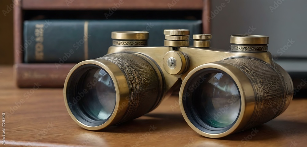 A set of antique brass binoculars, with mother-of-pearl inlays, on an explorer's desk