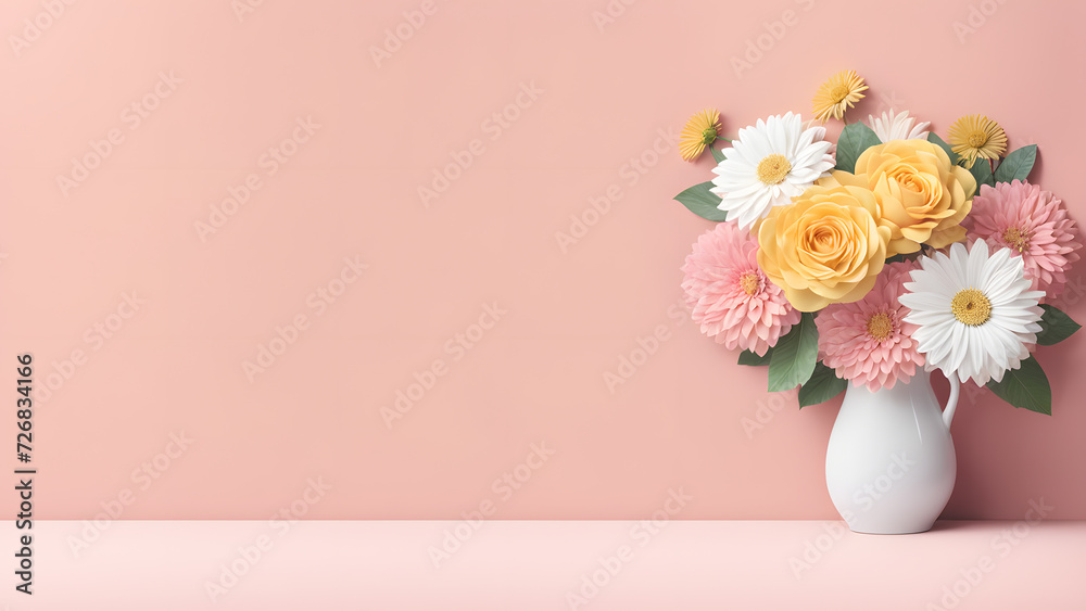 3D flower floral with pink pastel background. Cosmetic or beauty product background for woman's day and mother's day. Copy space floral mockup.