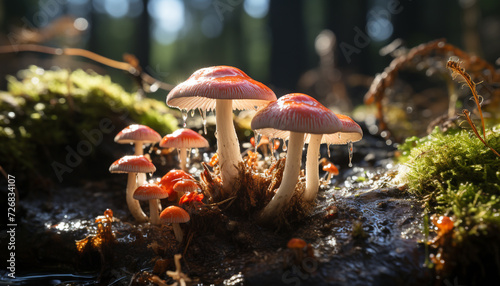 Freshness in nature edible mushroom growth on uncultivated forest floor generated by AI