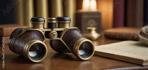 A set of antique brass binoculars, with mother-of-pearl inlays, on an explorer's desk