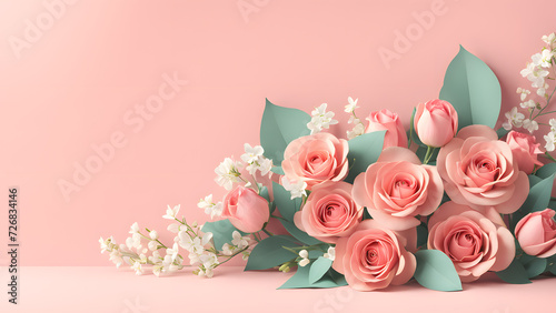 3D flower floral with pink pastel background. Cosmetic or beauty product background for woman's day and mother's day. Copy space floral mockup.