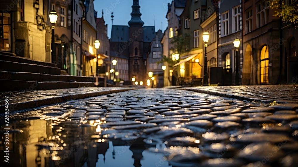 After Rain Glow: Reflective Water Puddle on Cobblestone Street