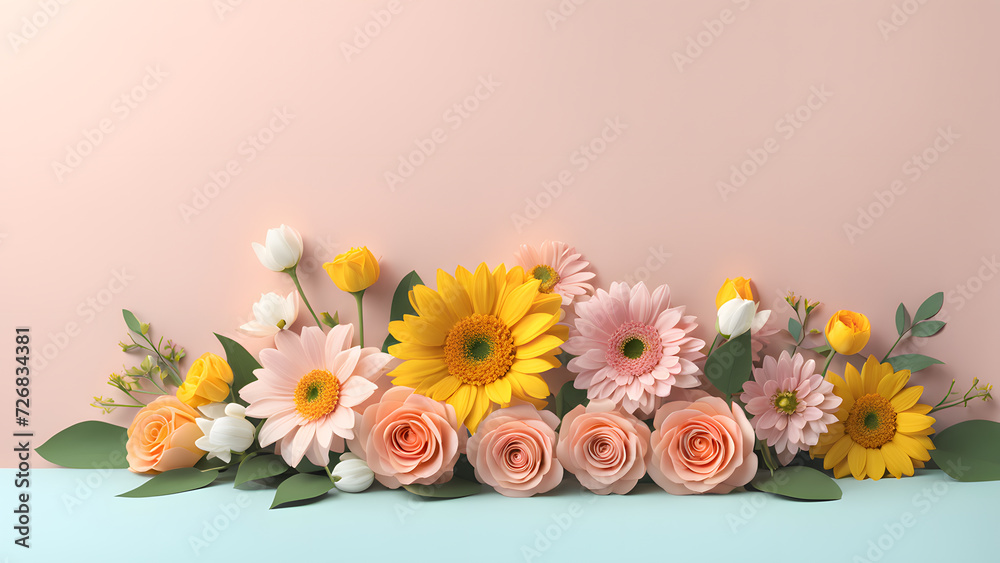 Fototapeta premium 3D flower floral with pink pastel background. Cosmetic or beauty product background for woman's day and mother's day. Copy space floral mockup.