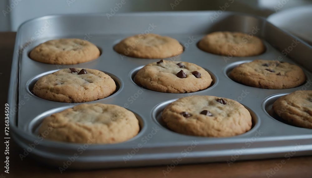 A tin of freshly baked cookies, still warm from the oven, sitting on a kitchen counter