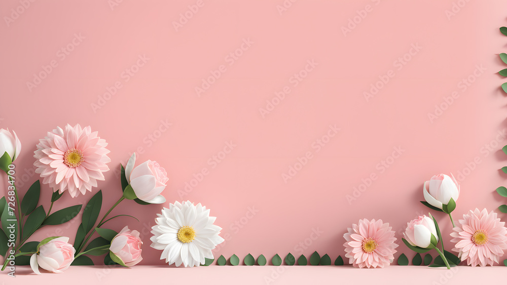 3D flower floral with pink pastel background. Cosmetic or beauty product background for woman's day and mother's day. Copy space floral mockup. 3D flower floral with pink pastel background. Cosmetic or beauty product background for woman's day and mother's day. Copy space floral mockup.