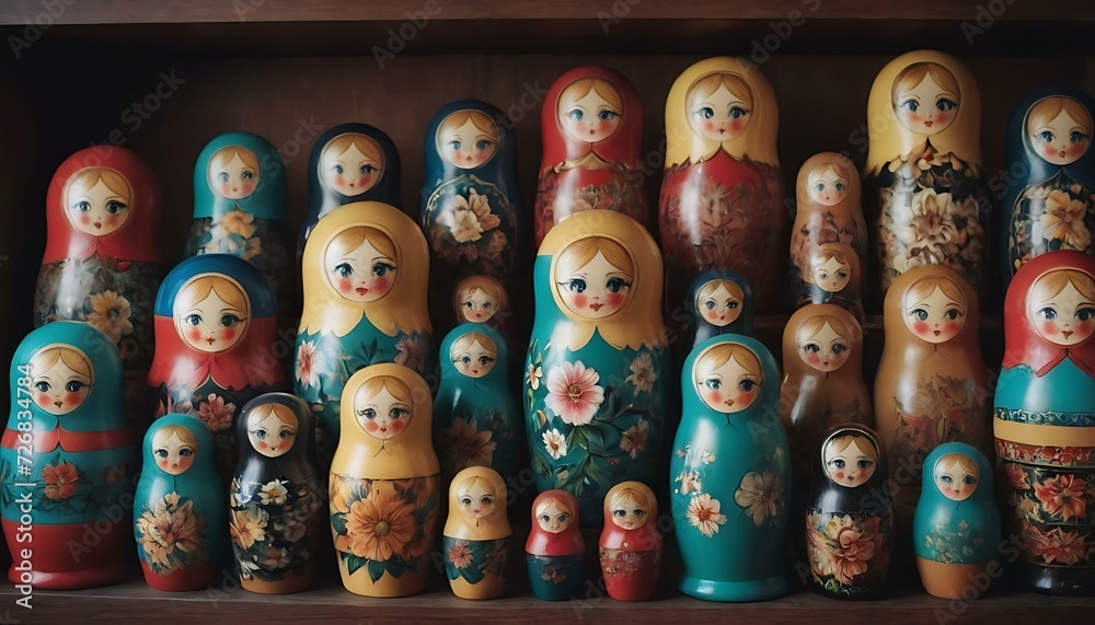 A set of hand-painted nesting dolls, each one revealing a hidden surprise, on a display shelf