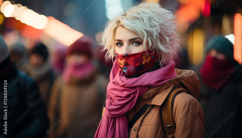 Fototapeta premium Young adults walking outdoors in winter, smiling, looking at camera generated by AI