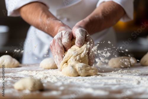 Artisan Baker Kneading Dough with Expertise - Ideal for Baking Workshops and Culinary Guides