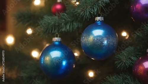 A set of hand-blown glass ornaments  shimmering with iridescent hues  hanging on a holiday tree