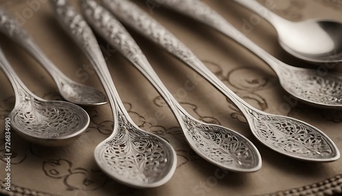 A set of antique silver teaspoons, each one engraved with intricate patterns, on a lace doily