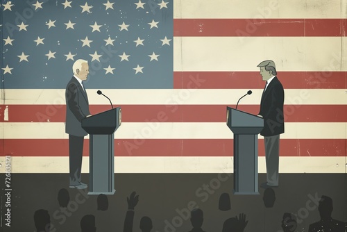 Political Debate Illustration: Two Candidates Speaking Before an American Flag, Symbolic of Democracy and Elections photo