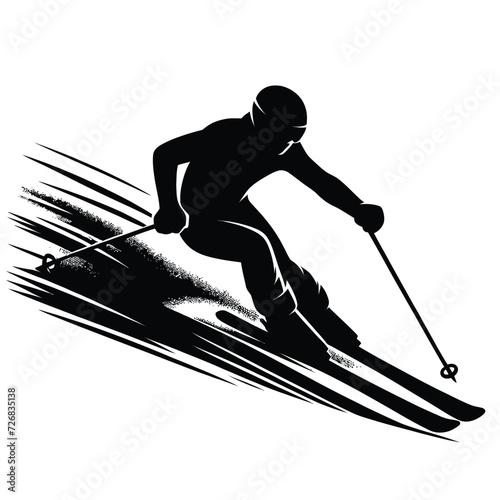 Skier Dynamically Descending a Snowy Slope Silhouette
