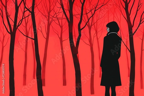 Contemplative Silhouette in Red Forest - A Vivid and Mysterious Artwork for Creative Projects