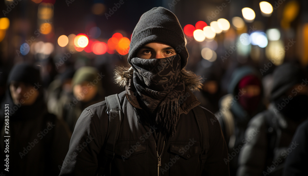 One person walking in the dark, masked thief in city generated by AI One person walking in the dark, masked thief in city generated by AI
