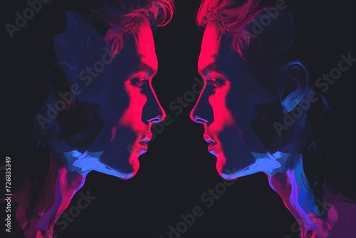 Vibrant Duality: A Neon-Lit Profile of Symmetrical Faces in a Dark Void