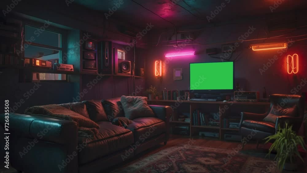 basement living room interior with green screen, stream overlay, loop animation, virtual backgrounds, live wallpapers, streamer vtuber OBS twitch asset, zoom screen, anime chill hip hop video.