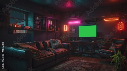 basement living room interior with green screen, stream overlay, loop animation, virtual backgrounds, live wallpapers, streamer vtuber OBS twitch asset, zoom screen, anime chill hip hop video.