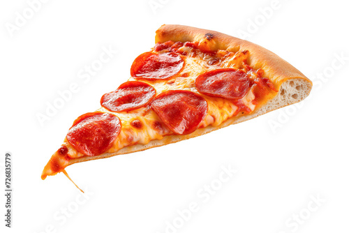 A close up photo of delicious tasty slice of pepperoni pizza, on a transparent background
