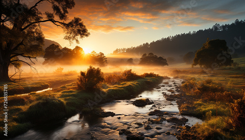 Tranquil sunset over mountain range, nature beauty reflected in water generated by AI