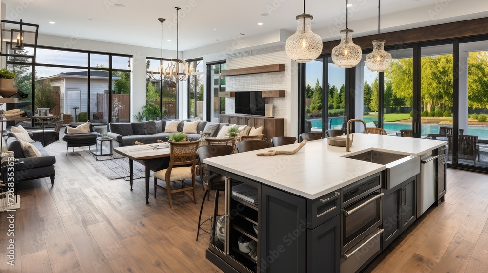 Fototapeta premium Kitchen with Island, Sink, Cabinets, and Hardwood Floors in New Luxury Home, with View of Living Room, Dining Room, and Outdoor Patio