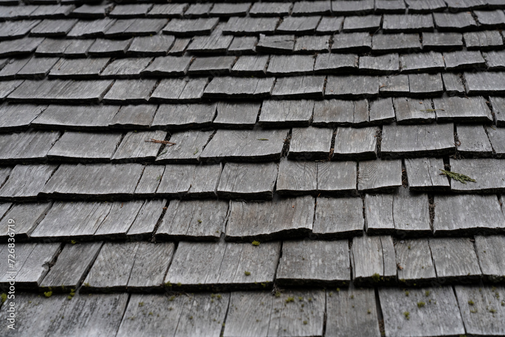Wood shingles on historic building in forest. Wood shingles on historic building in forest.