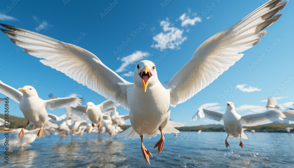Obraz premium Seagull flying freely, wings spread, in clear blue sky generated by AI