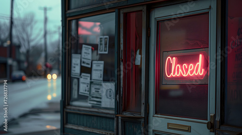 An illuminated neon Closed sign hangs in the window of a abandoned shop.