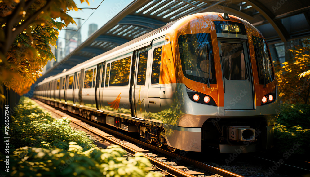 Obraz premium City life in motion subway train, traffic, illuminated buildings generated by AI